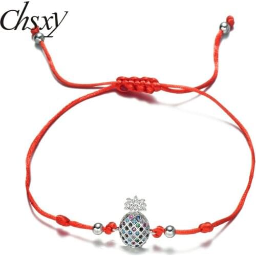 CHSXY Lovely Fruit Hand-woven Red Thread Bracelet Micro Paved Multicolor Cubic Zirconia Pineapple Adjustable Rope Chain Bracelet