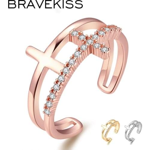 BRAEVKISS Vintage Cross Ring for Women Cubic Zirconia Fashion Jewelry Open Adjustable Finger Crystal Rings Wedding Gifts BUR0454