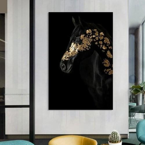 Creativity Black Gold Horse Animal Nordic Wall Art Canvas Painting Posters and Prints Bedroom Living Room Decor (No Frame)