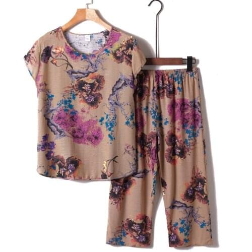 Grandmas Summer Printed Suit Loose Short-sleeved Cotton and linen Tops+Pants Plus size Old man Two-piece suit Casual Clothing