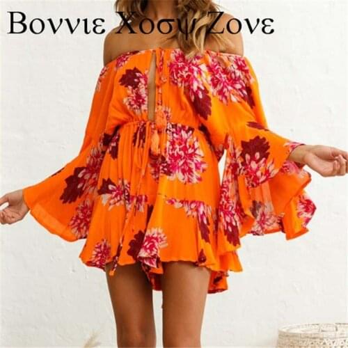 Summer Women Floral Print Off Shoulder Lace-Up Ruffles Flared Long Sleeve Romper