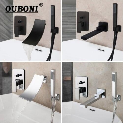OUBONI Black & Chrome Bathroom Bathtub Shower Set Solid Brass Wall Mounted Bathtub Shower Faucet Set W/ Waterfall & Swivel Spray