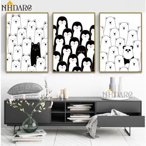 Posters And Prints Canvas Art Painting Black White Cute Penguin Bear Wall Pictures for Living Room Modern Nordic Home Decor
