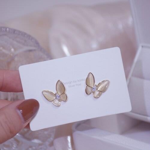 Luxury Enamel Butterfly Opal Stud Earrings for Women Korean Style Bling Crystal Fine Jewelry Wedding Accessories