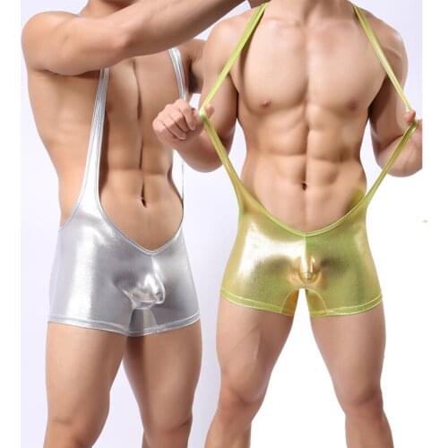 Retail Wetlook Gold Silver Boxer Underwear Patent Leather Jumpsuit Mens Wrestling Singlet Tight Sexy Stretch Pants Catsuit