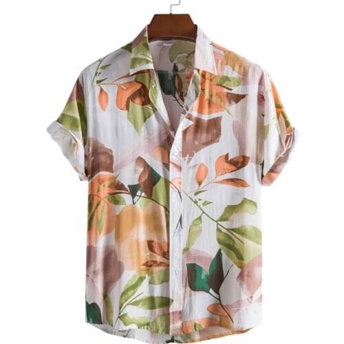 Leaf Print Shirt Mens Short Sleeve Floral Casual Mens Aloha Shirt Beach Holiday Vacation Camisas Summer Oversized Chemise Homme