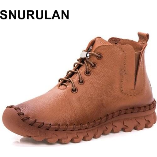 SNURULAN Autumn Winter Womens Fashion Boots 2018 Genuine Leather Shoes Sewing Casual Botas Warm Plush Round Toe Ankle Boots
