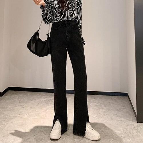 Slim Front Slit Solid Denim Straight Leg Trouser Women Vintage Streetwear New Tall Girl Jeans Casual High Waist Pants Female