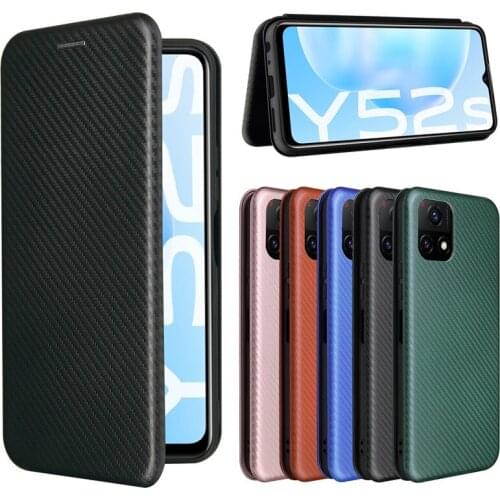 Vivo Y52s 5G Case 6.58 inch Fashion Carbon Fiber PC Hard Card Holder Slim Leather Case For Vivo Y52s 5G V2057A Wallet Flip Cover