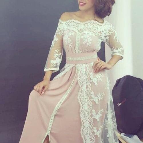 Oriental Kaftan Moroccan Caftan Lace Chiffon Off-shoulder Prom Dresses with Sleeves 2019 Custom Make evening dress Arabic Occasi