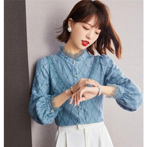 2021 Women Fall Shirts Long Sleeve Blue Lace Patchwork Blouses Y2K Loose OL Blusas Fashion Office Lady Tops Tees Female T053