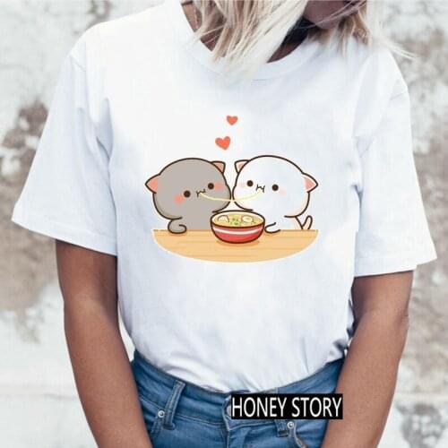 Ladies Streetwear Kawaii Pattern O-Neck T shirt Fashionable Women Harajuku Funny Peach Cat T-shirt Tops Casual Women Tshirt