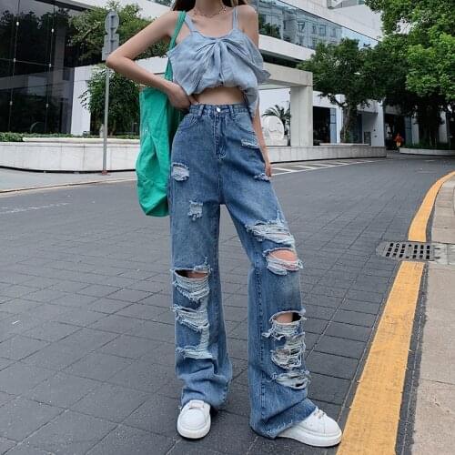 Spring and Autumn Womens Ripped Jeans 2021 New Large Size Wide Leg Pants Womens Jeans Y2K High Street Jeans jeans for women