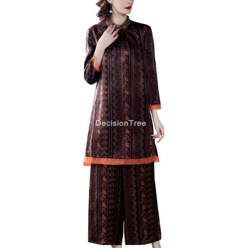 2021 chinese traditional cheongsam women satin top+pants set tang suit wedding long sleeve qipao dresses for women clothing set