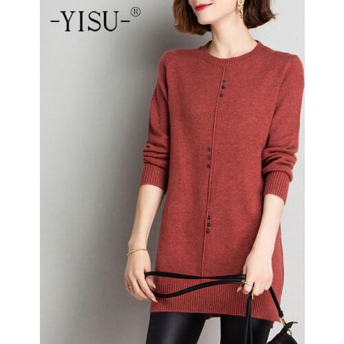 YISU Winter Women Sweater Solid color Buttons O-Neck Long sleeve Jumper Fashion Loose Knitted pullover Long section Winter tops