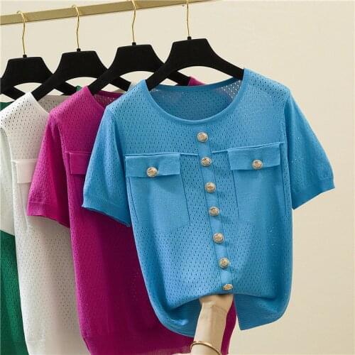 2021 Summer Vogue Knitted T shirt Women O-Neck Short Sleeve Loose Hollow Out Solid Tee Shirt Femme Ladies Pullover Tshirt Tops