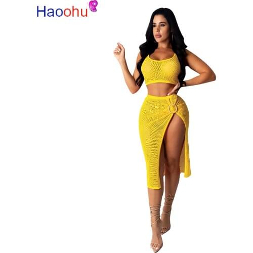 Fishnet Hollow Out 2 Piece Club Outfit Women Summer Tracksuit Sleeveless Crop Top Side High Split Bodycon Skirt Set Beach Suits