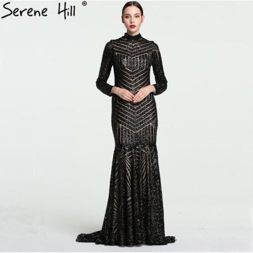 Black Mermaid High Neck Luxury Evening Dresses Sequined Long Sleeves Formal Evening Gowns 2021 Serene Hill LA6090