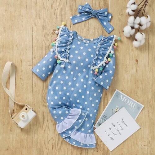 Cute Long Sleeve Baby Girls Romper Outfits Dot Printing Plush Ball Lace Splicing Flared Jumpsuit+Headwear Infant Clothes