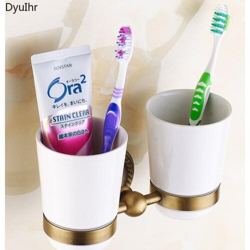 DyuIhr antique bathroom hardware wall-mounted copper toothbrush cup holder mouthwash double cup holder bathroom accessories