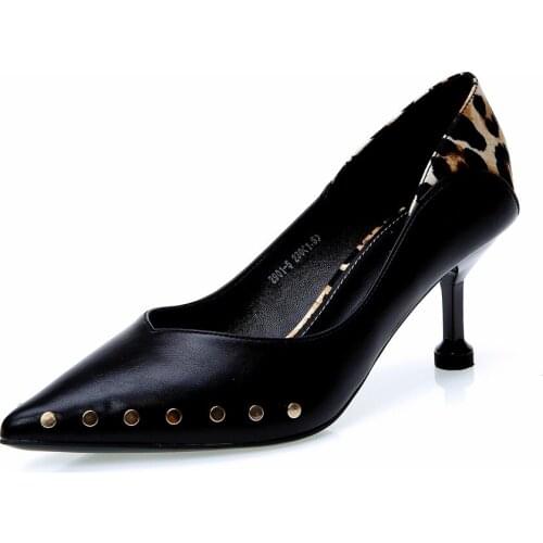 Elegant Leopard Color Matching In The Banquet Dress Shoes 19 Spring Personality Rivet Pointed Stiletto High Heel Womens Shoes