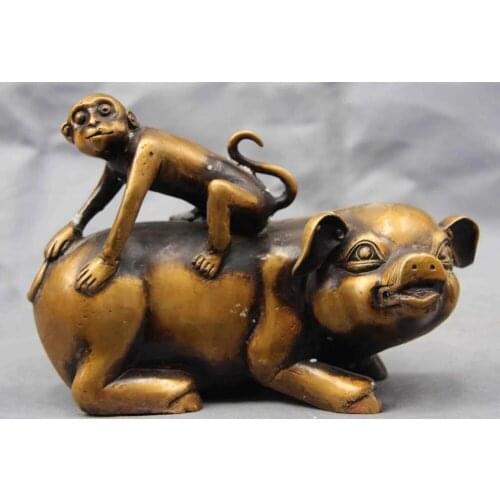 Chinese Folk exquisite Copper Bronze Fu Monkey ride Wealth pig Art Statue