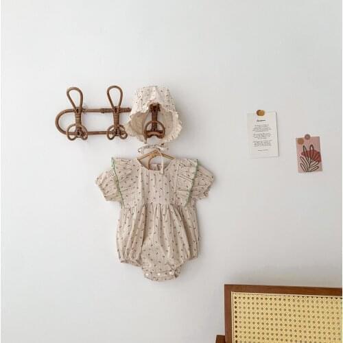 Fly Sleeve Playsuits For Infant Baby Girl Casual Romper Cherry Printed Ruffles Jumpsuits with Cap Lovely Toddler Outwear