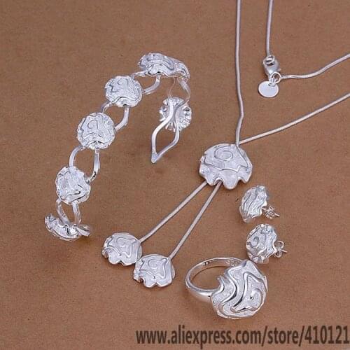 S246 Hot Sale Silver Color Fine Jewelry Sets,Wholesale High Quality Fashion Set Rose Ring Stud Earrings Bangle Necklace
