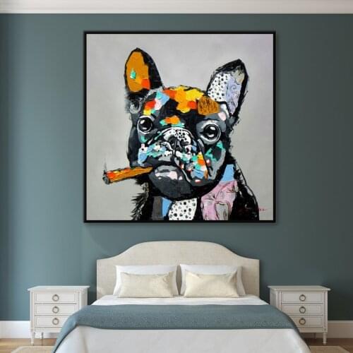 Smoking Bulldog Posters Abstract Dog Oil Painting On Canvas Wall Art Puppy Graffiti Art Pictures Living Room Nordic Decor Prints