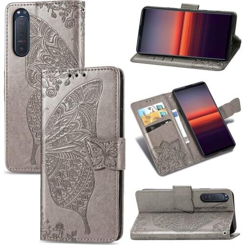 Cute Butterfly Case for Sony Xperia 5 Ⅱ SOG02 (6.1in) Cover Flip Leather Wallet Book Black Cases for Xperia5 II 5ii SOG-02