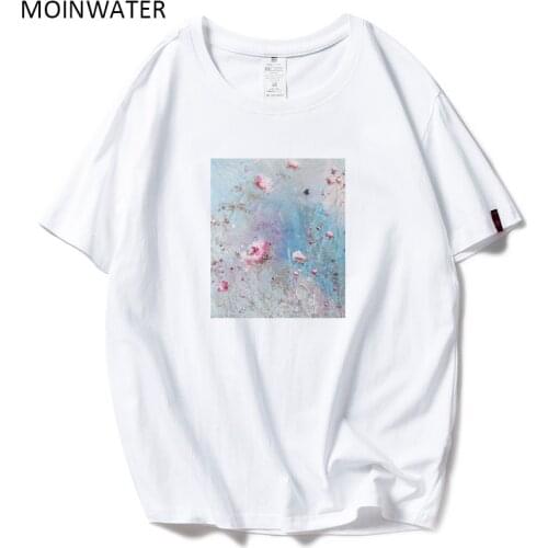MOINWATER 2020 Women Fashion Clothing Flower Pattern White Black Cotton T shirts Lady High Street Comfortable Tees&Tops MT20092