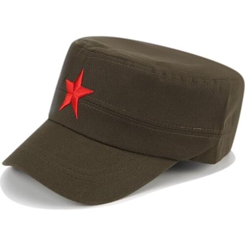 Mens Four Seasons Cotton Retro Embroidered Five-Pointed Star Flat Top Military Cap