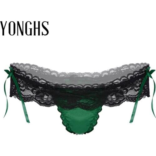 Mens Erotic Lingerie Sissy Underwear with Bowknot Ruffled Lace T-back Sexy Skirted Panties Patchwork G-string Briefs Underpant