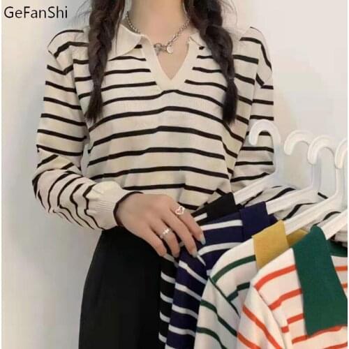 New Loose Striped Fashion Sweaters V-Neck Pullovers Autumn Winter 2021 Korean Casual Knitted Ladies Sweater Womens jumper