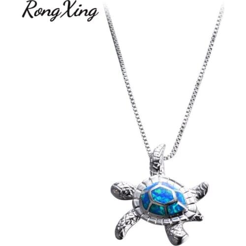 RongXing Charming Blue Fire Opal Sea Turtle Pendants & Necklaces For Women Silver Color Animal Necklace NL0076