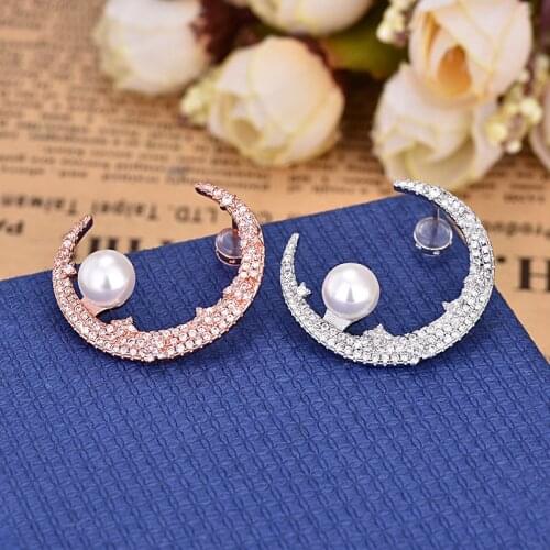 Single Crystal Star Moon Pearl Ear Stud Earring For Women Wedding Jewelry Bridal Accessories Boucle D'oreille Femme Zk30