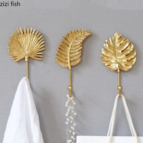 Northern Europe Iron Art Leaf Hook Golden Metal Wall Decorative Hook Wall Hanging Decorations Home Storage Key Clothes Cap Hooks