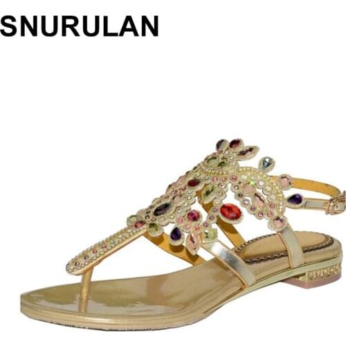 SNURULAN 2019 new summer women flat sandals decorated with rhinestones with flowers roman style sexy sandals with beads large