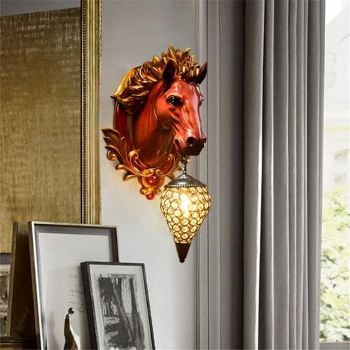 Modern Vintage Resin Horse Lamp Animal Shade Led Wall Lamp Nordic Decor Kitchen Wall Light Bedroom Indoor Lighting Wall Sconce
