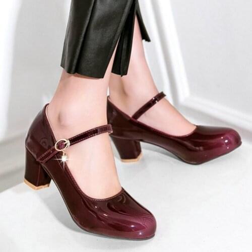AGODOR Women Mary Janes Mid Block Heel Patent Leather Pumps All Match Casual Round Toe Fashion Women Shoes Size 32-48