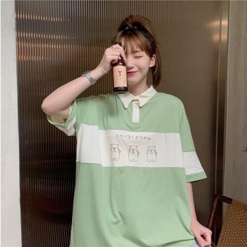 Summer T-shirt Polo shirt cute bear print hit color short-sleeved loose lapel top T-shirt women