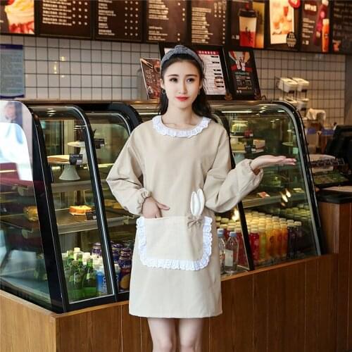 Womens overalls long-sleeved apron waterproof and oil-resistant cute home Korean fashion kitchen coat double layer overalls
