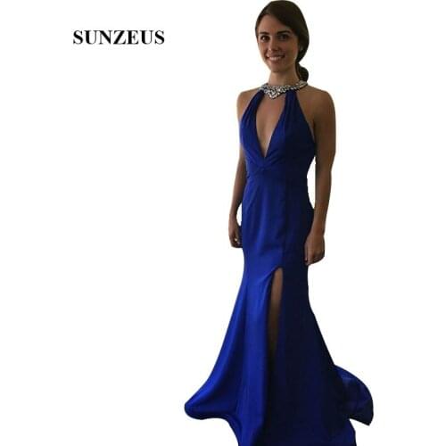 Beaded Neck Royal Blue Prom Dresses 2019 Mermaid Long Women Party Gowns Side Slit Vestidos De Gala Longo