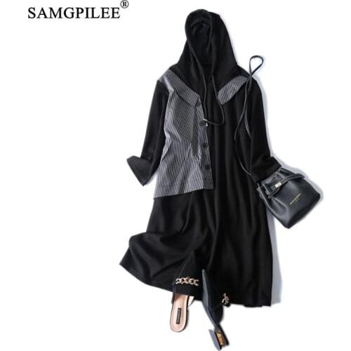 Winter Dresses For Women 2021 Casual A-line Patchwork Three Quarter Sleeve Plus Size Empire Hooded Elegant Dresses For Women 4XL