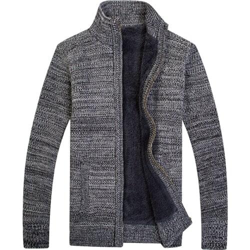 Winter Mens Fleece Knitted Cardigan Long Sleeve Warm Casual Sweater Coat Stand Collar Full Zipper Fashionable Jacket for Autumn