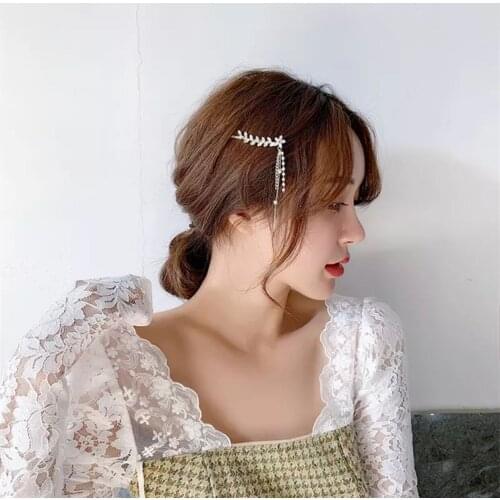 Fringed Leaves Full of Rhinestone Hairpin Pearl Bangs Clip Hairpin Girl Temperament Side Clip Hair Accessories for Women