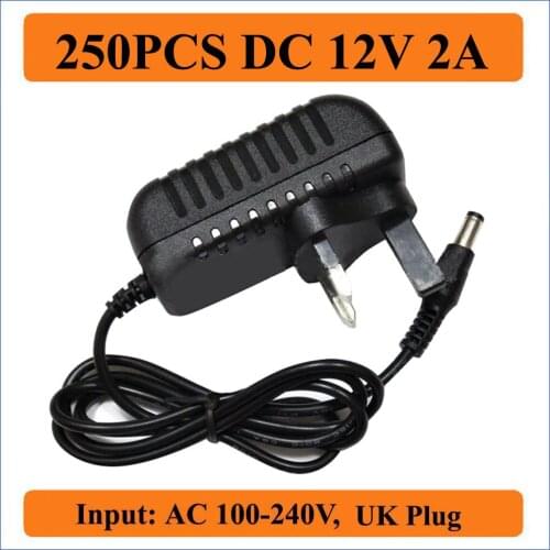 250PCS 12V 2A UK Plug AC DC Adapter AC 100V-240V Converter Adapter DC 12V 2A 2000mA Power Supply 5.5mm x 2.1-2.5mm