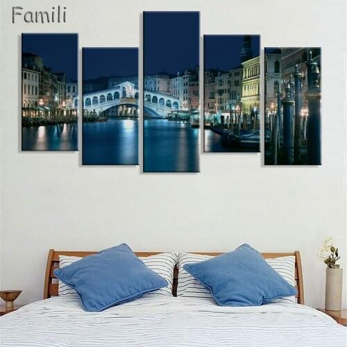 5Pcs/set Modern Canvas Painting Wall Art Italy Venice Landscape Oil Painting Beautiful City River Decorative Picture Home Decor
