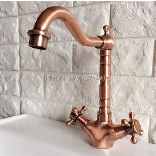 Antique Red Copper Swivel Spout Kitchen Sink Faucet and Bathroom Wash Basin Faucets Dual Handle Mixer Tap Deck Mounted Wrg052