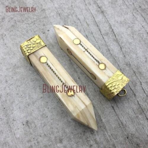 Beige White Quadrangular Prism Pendant Ox Bull Bone Pendant with Brass Dot Accent and Cap PM9078